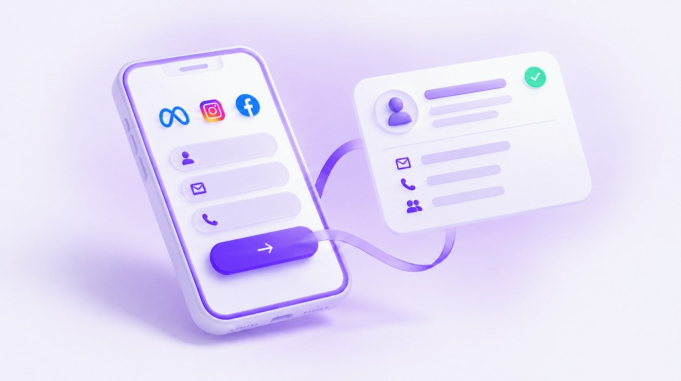Ilustracao 3D: celular com formulario e cartao de contato, com os logos do Meta, Instagram e Facebook