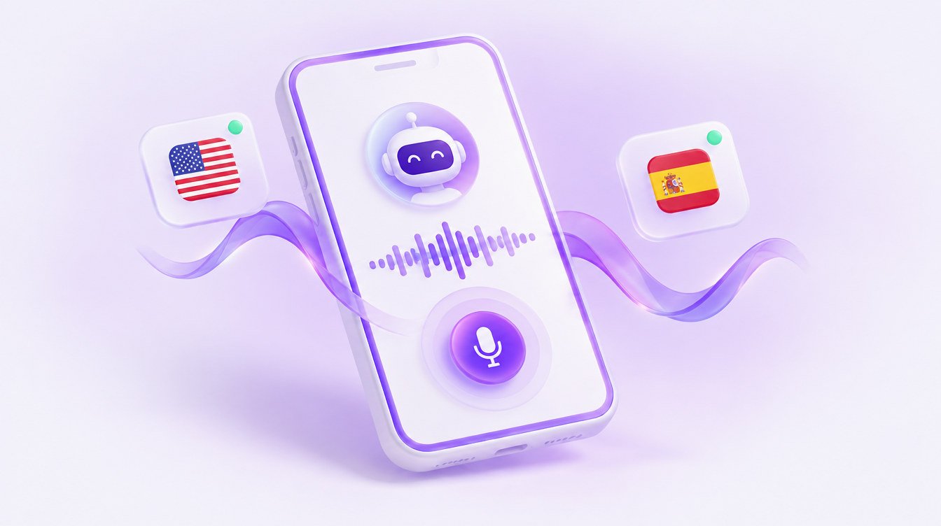 Ilustracao 3D: celular em chamada de voz com IA, onda sonora e as bandeiras dos EUA e da Espanha