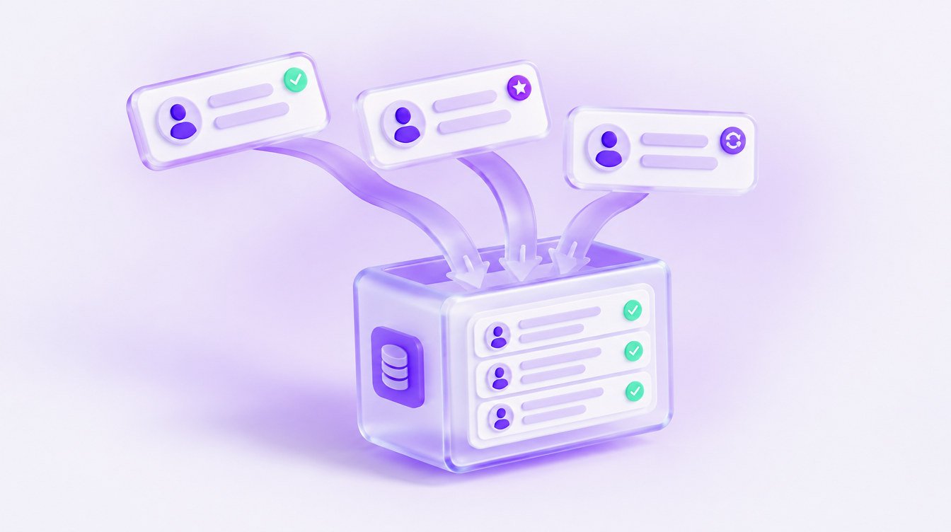 Ilustracao 3D: fichas de contato entrando sozinhas num CRM de vidro