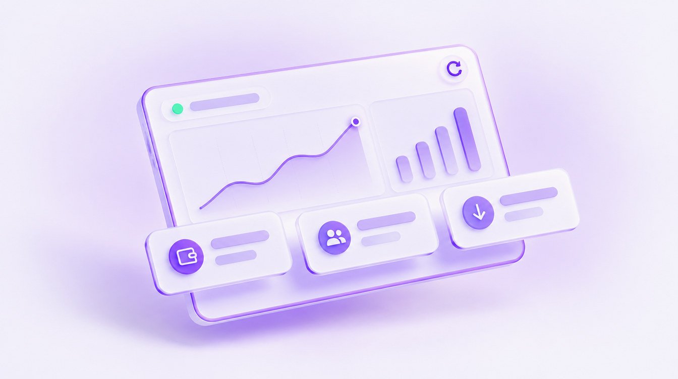 Ilustracao 3D: painel de vidro com grafico e tres indicadores de gasto, leads e custo por lead