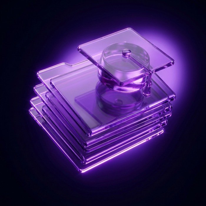 Glass folder stack with a graduation cap resting on top