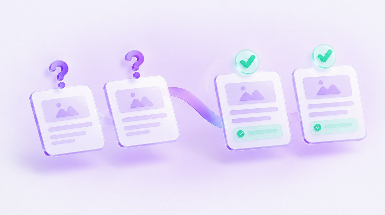 3D illustration: glass article cards where violet question marks turn into mint checkmarks