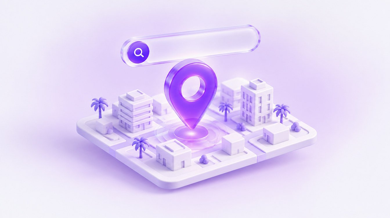 3D illustration: a glowing violet location pin over a small stylized city grid with a glass search bar above it