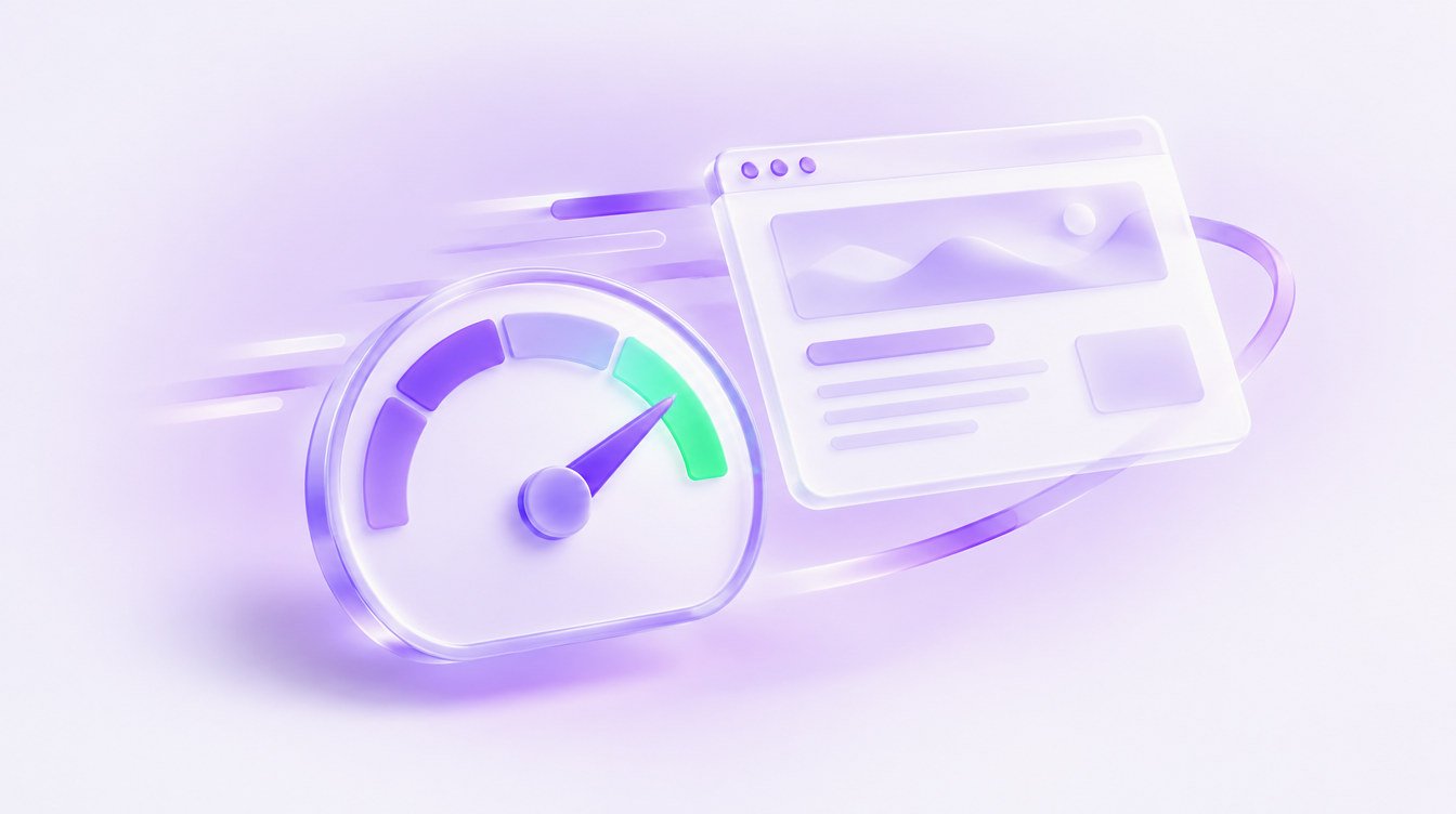 3D illustration: a glass speed gauge with its needle in the green zone beside a light, floating web page