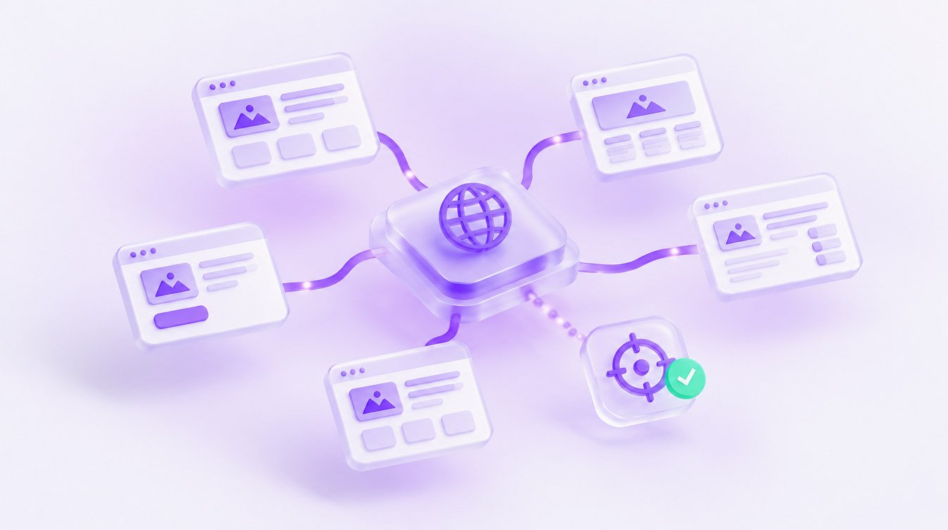 3D illustration: a glass site map of connected pages around a central hub, with a small tracking target icon