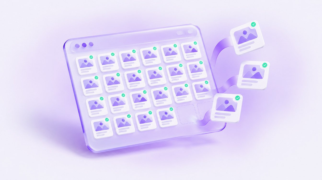 3D illustration: a glass monthly calendar with small post cards filling almost every day