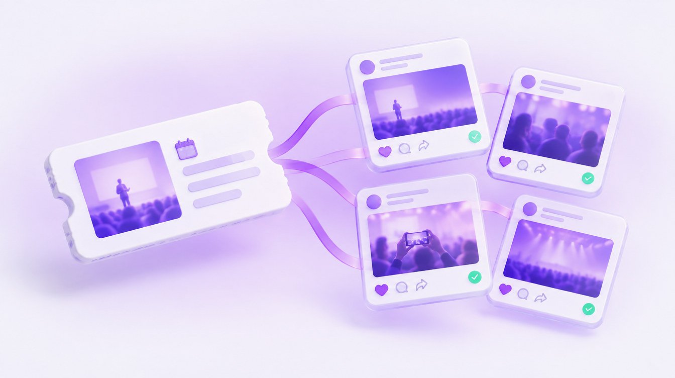 3D illustration: an event ticket turning into social post cards that fan out from it