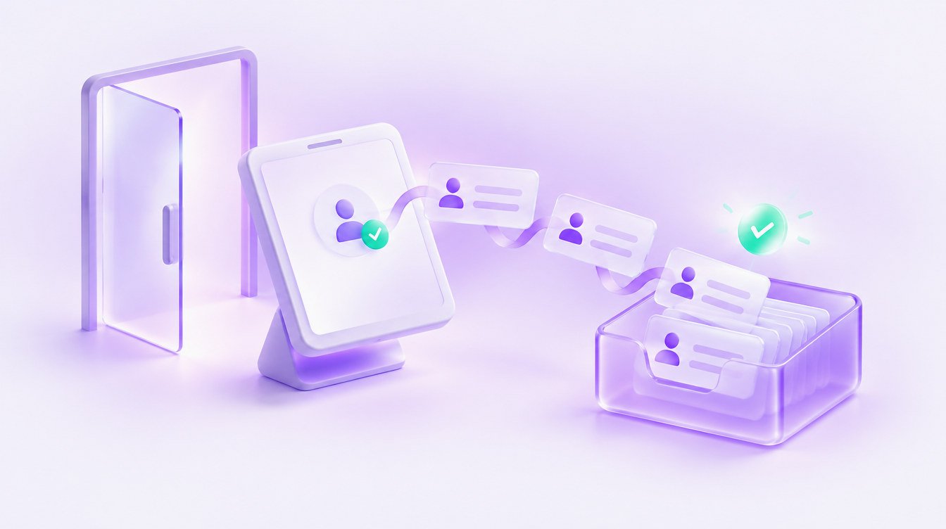 3D illustration: a tablet on a stand at an open door with small name cards flowing into a glass inbox