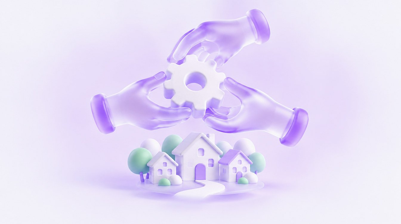 3D illustration: glass hands holding a cogwheel together above a small community of houses