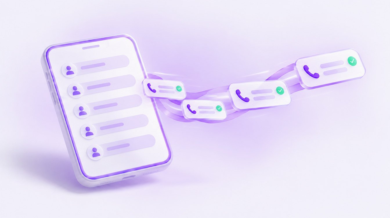 3D illustration: a glass contact list feeding a stream of phone call cards, one after another