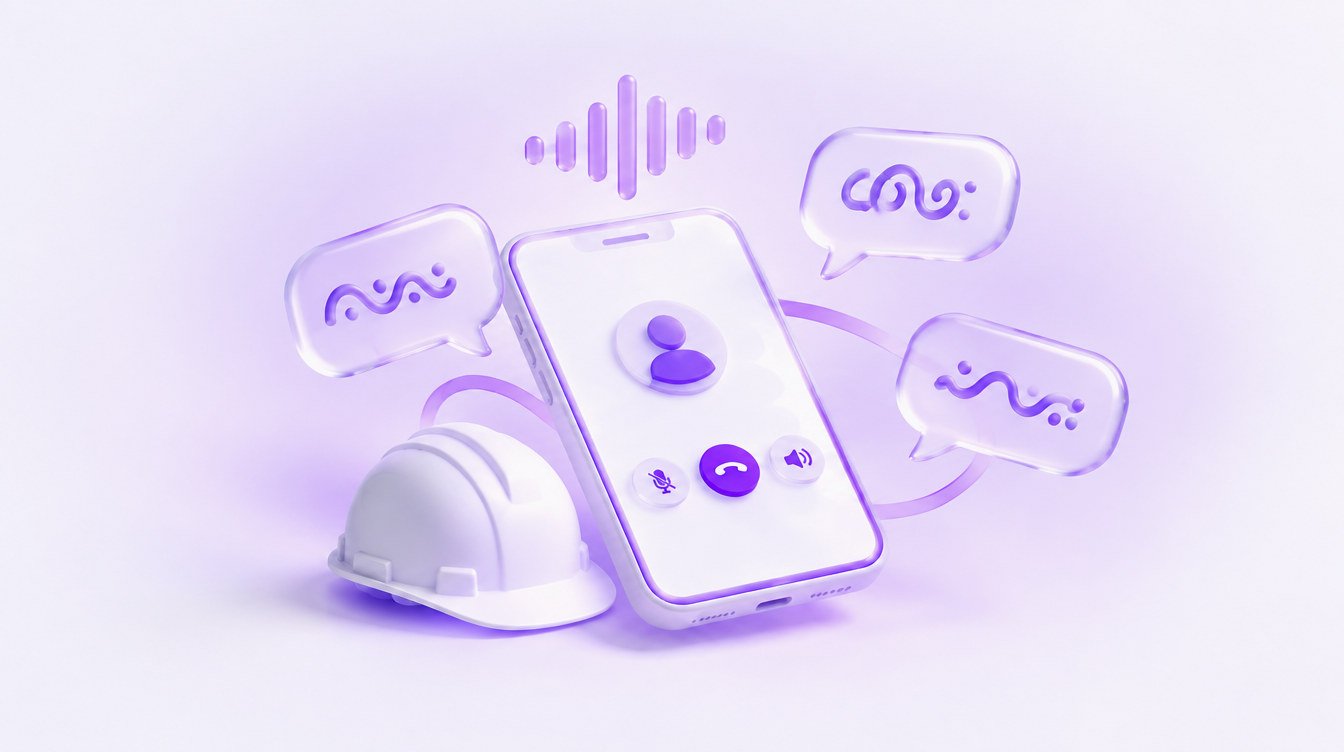 3D illustration: a phone on a call with speech bubbles in different scripts around a construction hard hat