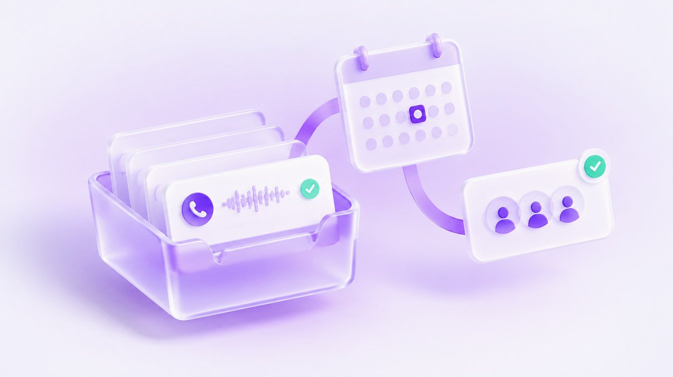 3D illustration: call cards filing into a glass spreadsheet, with a calendar and a meeting notification