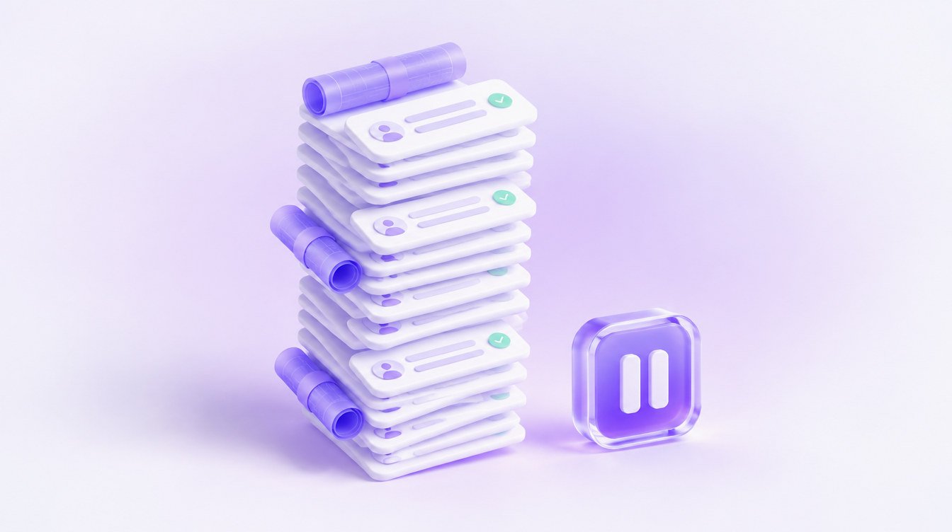 3D illustration: a stack of construction work orders rising higher than a small pause button