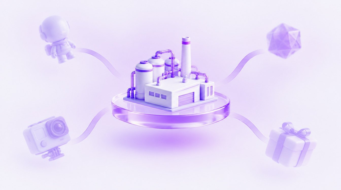 3D illustration: an industrial plant scale model in focus on a glass pedestal, with hobby items drifting away and fading at the sides
