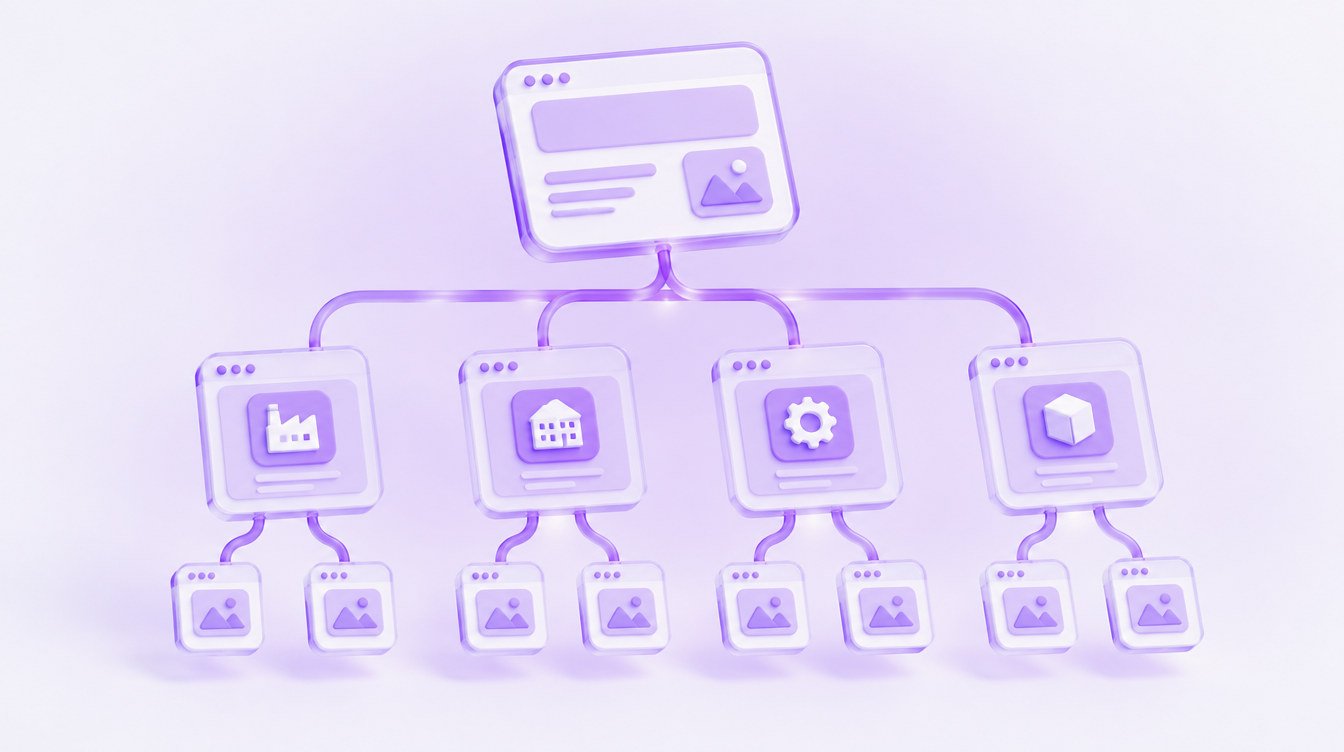 3D illustration: a site map of glass page cards branching from one central card, each with an industrial icon