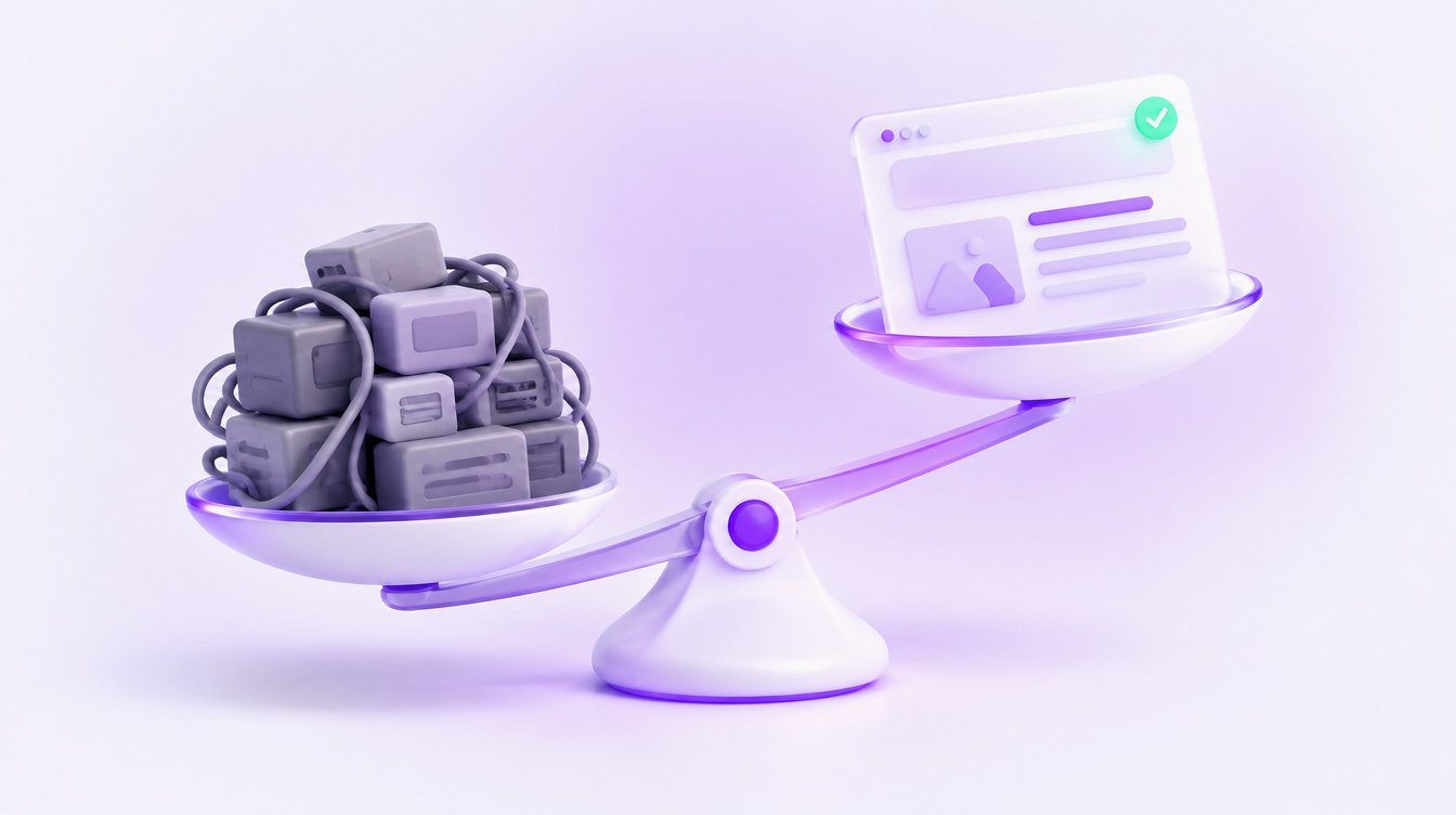 3D illustration: a balance scale with a heavy block on one side and a light glass page on the other, the light side rising