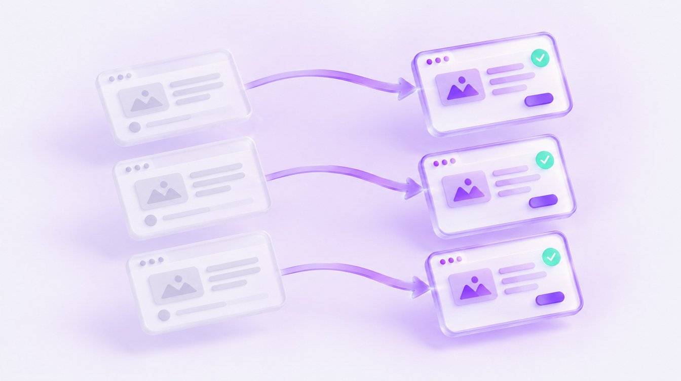 3D illustration: faded old pages on the left, with curved violet arrows leading to crisp new pages on the right