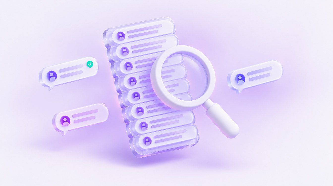 3D illustration: many identical speech bubbles stacked into one tall pile next to a small magnifying glass
