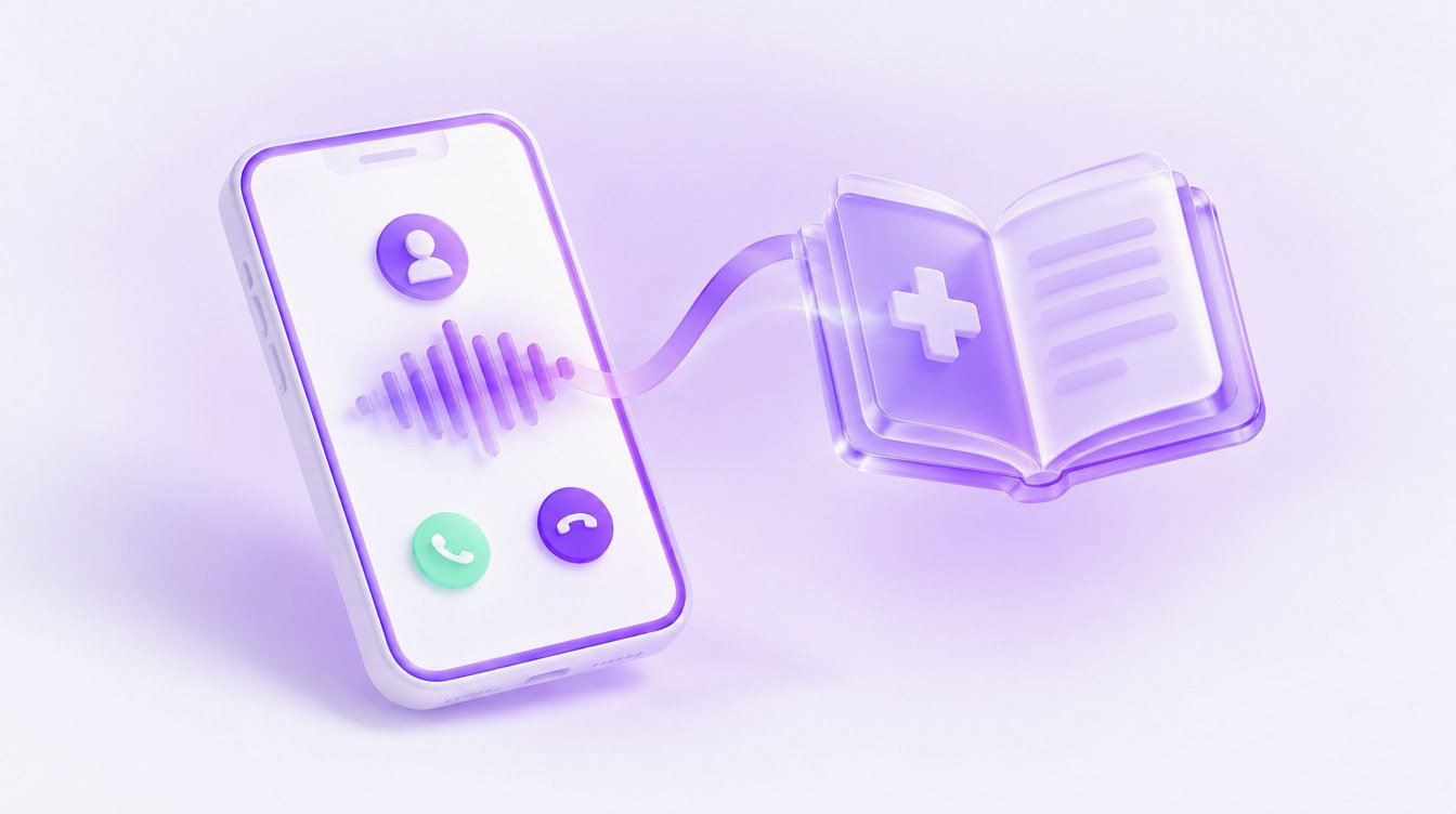 3D illustration: a phone answering next to an open glass book of answers with a medical cross on the cover