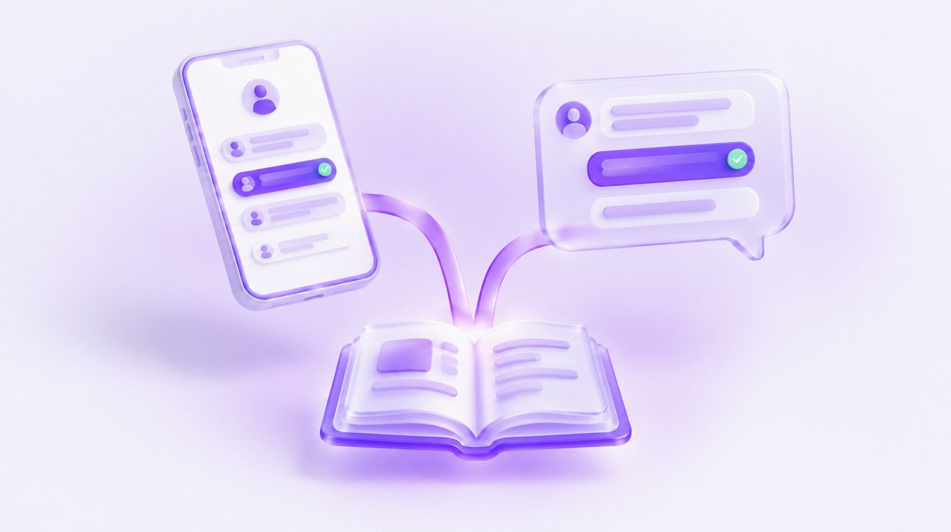 3D illustration: a phone and a chat bubble both connected by violet lines to the same glass book of answers