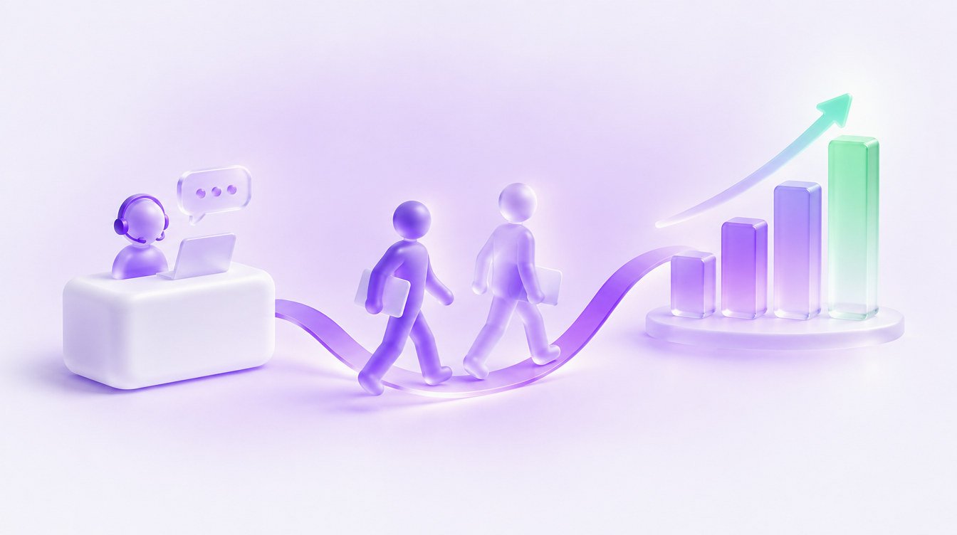3D illustration: two glass figures walking from a front desk toward a rising sales chart