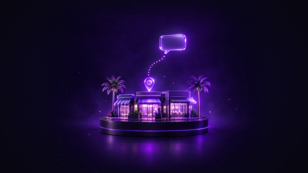 Small glowing street of storefronts with a map pin and a chat bubble, Brantheo blog