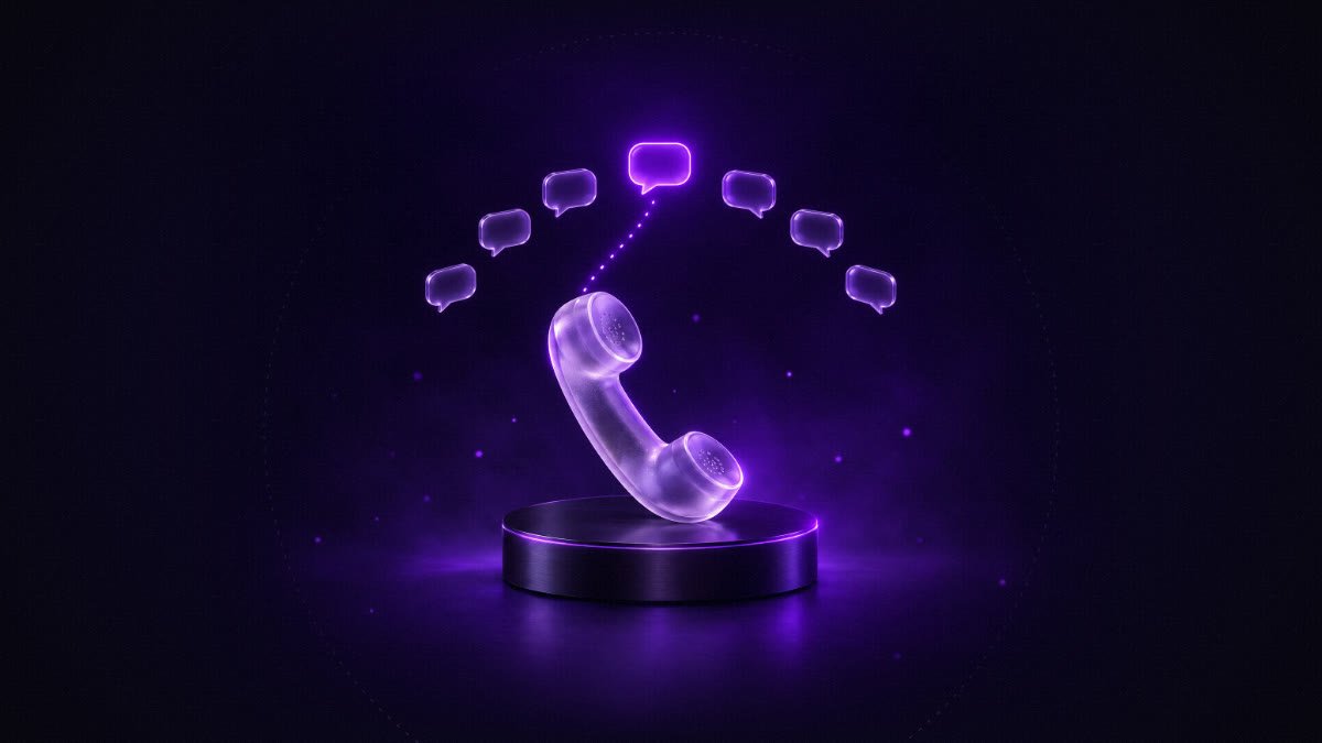 Glass phone handset under an arc of speech bubbles, one lit violet, Brantheo blog